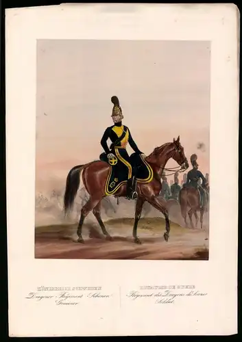 Lithographie Königreich Schweden, Dragoneur, altkoloriert, montiert, aus Eckert & Monten um 1840 Vorzugsausgabe