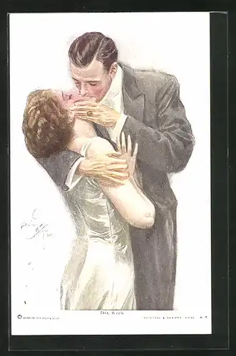 Künstler-AK Harrison Fisher: Verliebtes Paar beim Kuss, The Kiss