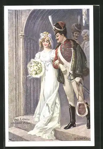 Künstler-AK R. Kratky: Soldat verlässt mit seiner Braut die Kirche