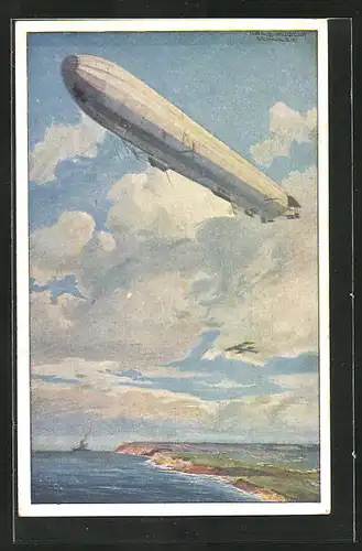 Künstler-AK Hans Rudolf Schulze: Zeppelin auf Wacht an der deutschen Ostseeküste