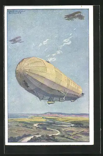 Künstler-AK Hans Rudolf Schulze: Zeppelin Hansa im Kampf mit feindlichen Fliegern