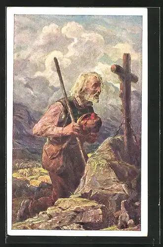 Künstler-AK Thomas Riss: Mann im Gebirge betet am Kreuz