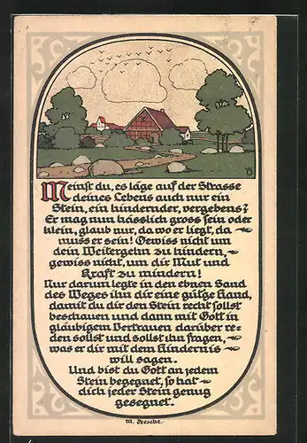 Steindruck-AK Landschaft mit Bauernhaus, Gedicht Strasse deines Lebens