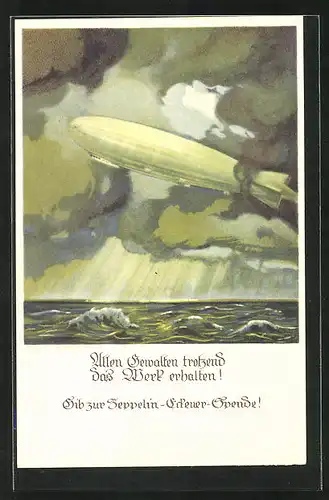Künstler-AK Otto Amtsberg: Zeppelin im Sturm über dem Meer