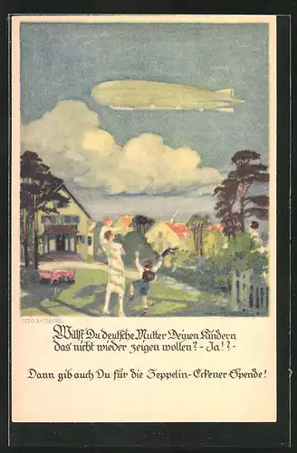 Künstler-AK Otto Amtsberg: Mutter und Sohn winken dem Zeppelin zu