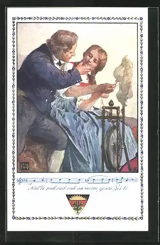 Künstler-AK Karl Friedrich Gsur, Deutscher Schulverein Nr. 366: Mann umarmt die Frau am Spinnrad