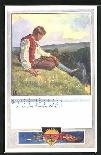 Künstler-AK Karl Friedrich Gsur, Deutscher Schulverein Nr. 371: Mann sitzt auf der Wiese und blickt ins Tal