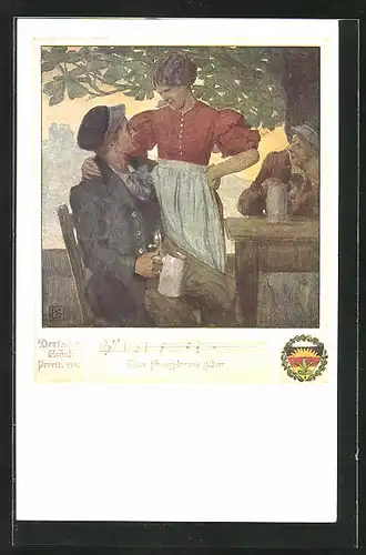 Künstler-AK Karl Friedrich Gsur, Deutscher Schulverein Nr. 463: Mann im Biergarten schäkert mit der Kellnerin
