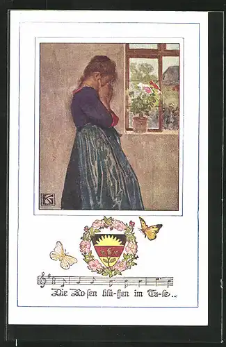 Künstler-AK Karl Friedrich Gsur, Deutscher Schulverein Nr. 1065: Junge Frau steht traurig am Fenster