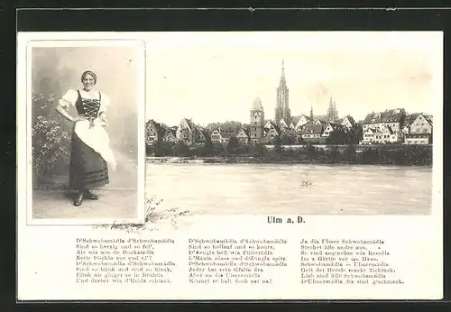 AK Ulm a. D., Ortspartie vom Wasser aus gesehen, Junge Frau in Tracht, Gedicht Schwobamädla