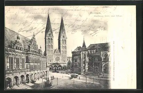 AK Bremen, Rathaus, Dom und Börse, Strassenbahn aus der Vogelschau