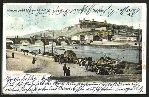 AK Würzburg, Blick zur Marienburg, Uferpartie mit Brücke
