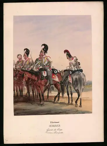 Lithographie Electorat Hesse, Garde du Corps, altkoloriert, montiert, aus Eckert & Monten um 1840 Vorzugsausgabe