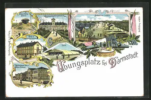 Lithographie Darmstadt, Übungsplatz, Baracken Lager, Preussisches Stabsgebäude