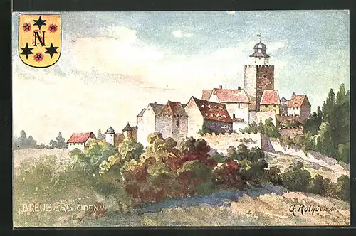 Künstler-AK Breuberg im Odenwald, Blick auf die Burg, das Wappen