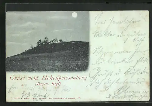 Mondschein-AK Hohenpeissenberg, Blick hinauf zum Gasthof auf dem Berg