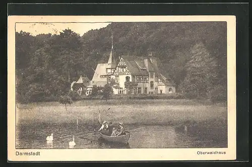 AK Darmstadt, auf dem See mit Blick zum Oberwaldhaus