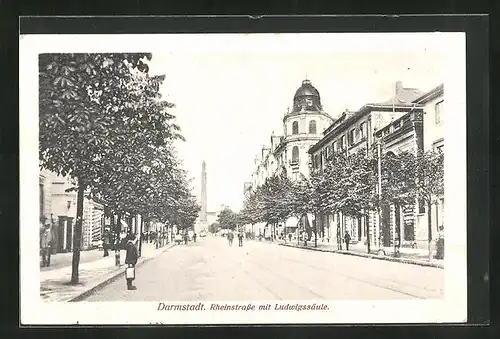 AK Darmstadt, Rheinstrasse mit Blick zur Ludwigssäule