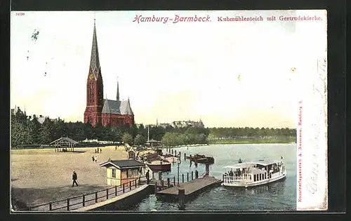 AK Hamburg-Barmbek, Kuhmühlenteich mit Gertrudekirche