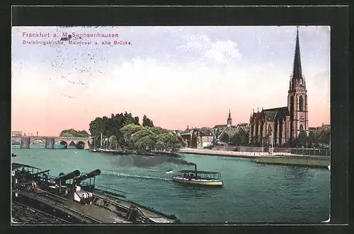 AK Frankfurt-Sachsenhausen, Dreikönigskirche mit Maininsel und alte Brücke