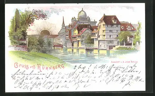 Lithographie Nürnberg, Aussicht von der Insel Schütt