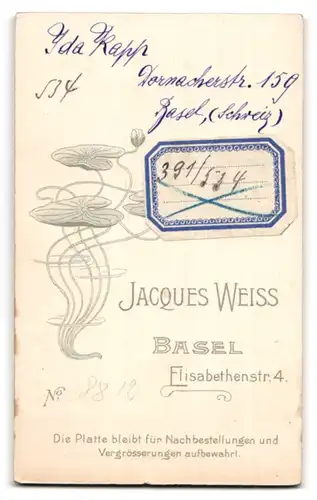 Fotografie Jacques Weiss, Basel, Elisabethenstr. 4, Portrait dunkelhaarige junge Schönheit in weisser Bluse