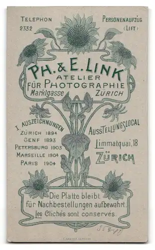 Fotografie Ph. & E. Link, Zürich, Marktgasse, Portrait bildschönes Fräulein in gerüschter Bluse