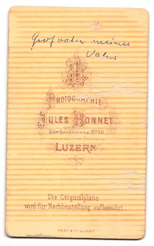 Fotografie Jules Bonnet, Luzern, Portrait betagter Herr mit Halbglatze und grauem Haar