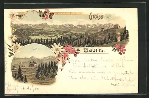 Lithographie Gais, Gasthaus Gäbris, Landschaftspanorama mit Gebirgskette