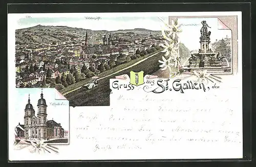 Lithographie St. Gallen, Kathedrale, Monumentalbrunnen, Panoramaansicht