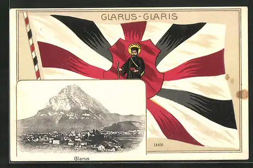 Passepartout-AK Glarus, Panorama, Flagge Glarus-Glaris