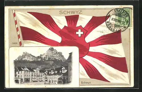 Passepartout-AK Schwyz, Panorama und Flagge