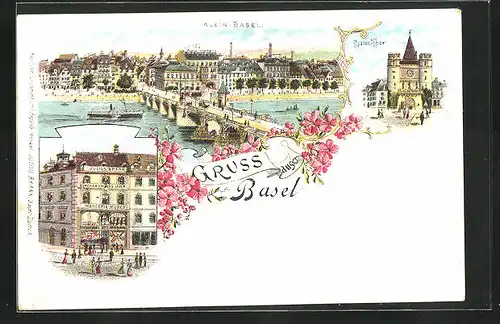 Lithographie Basel, Warenhaus Julius Brahn, Spalentor, Panorama von Klein-Basel