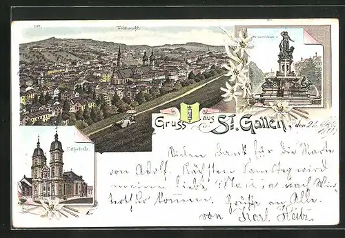 Lithographie St. Gallen, Kathedrale, Monumentalbrunnen und Totalansicht