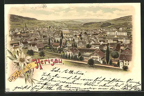 Lithographie Herisau, Panoramablick auf die Stadt