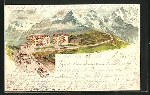 Lithographie Kleine Scheidegg, Panoramablick auf Hotels und Gebirgswand