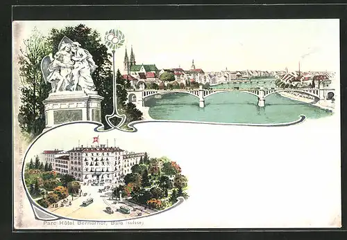 Lithographie Basel, Parc Hotel Bernerhof, Denkmal und Gesamtansicht mit Brücke