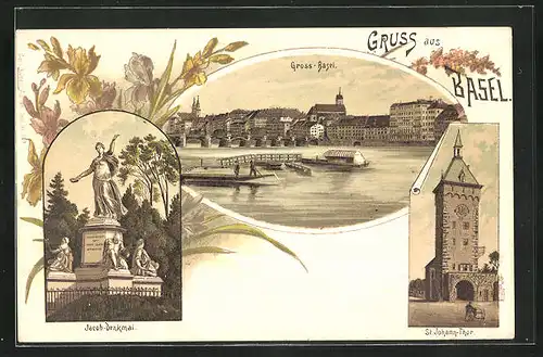 Lithographie Basel, Jacob-Denkmal, St. Johann Tor, Ansicht von Gross-Basel