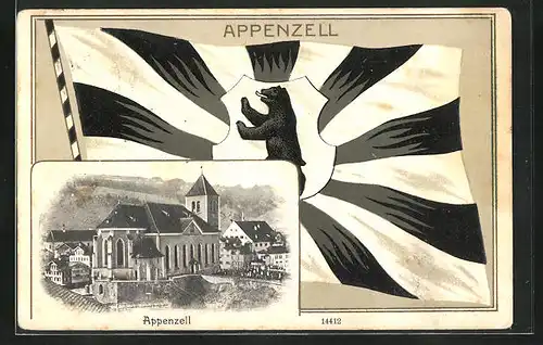 Passepartout-AK Appenzell, Teilansicht mit Kirche, Flagge