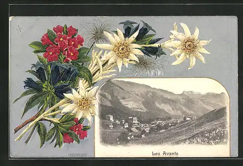 Präge-AK Les Avants, Ortspartie im Gebirge, Blumenstrauss