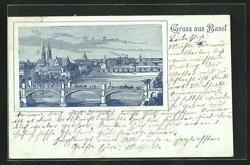 Mondschein-Lithographie Basel, Ortsansicht mit den drei Rheinbrücken