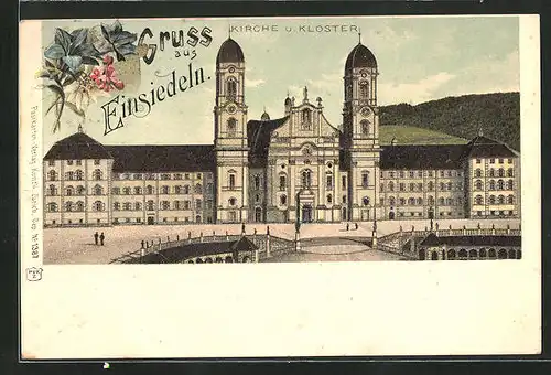 Lithographie Einsiedeln, Kirche und Kloster