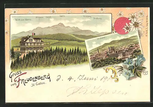Lithographie St. Gallen, Gasthaus Freudenberg, Totalansicht und Gebirgswand