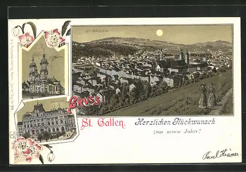 Mondschein-Lithographie St. Gallen, Unionbank, Stiftskirche, Gesamtansicht