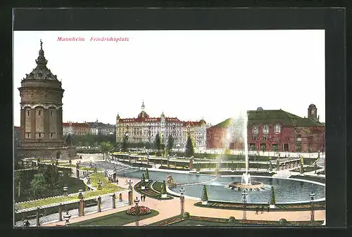 AK Mannheim, Friedrichsplatz mit Springbrunnen