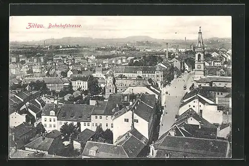 AK Zittau i. Sa., Teilansicht mit Bahnhofstrasse aus der Vogelschau