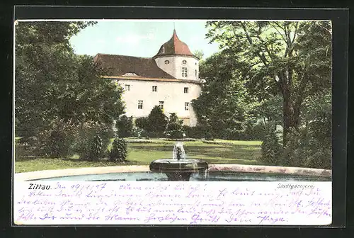 AK Zittau i. Sa., Stadtgärtnerei mit Brunnen