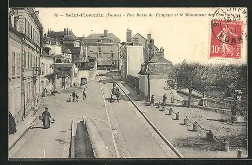 AK Saint-Florentin, Rue Basse du Rempart et le Monument des Combattants