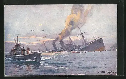 Künstler-AK Willy Stoewer: Deutsches U-Boot versenkt im Mittelmeer feindlichen Truppentransportdampfer