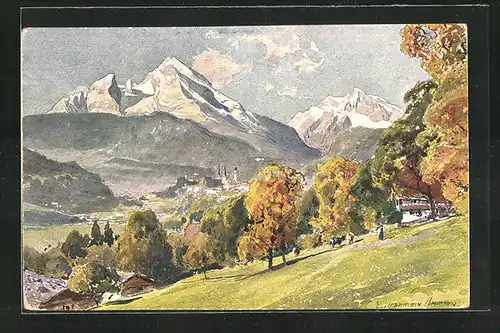 Künstler-AK Edward Harrison Compton: Berchtesgaden, Ortsansicht mit Watzmann und Hochkalter